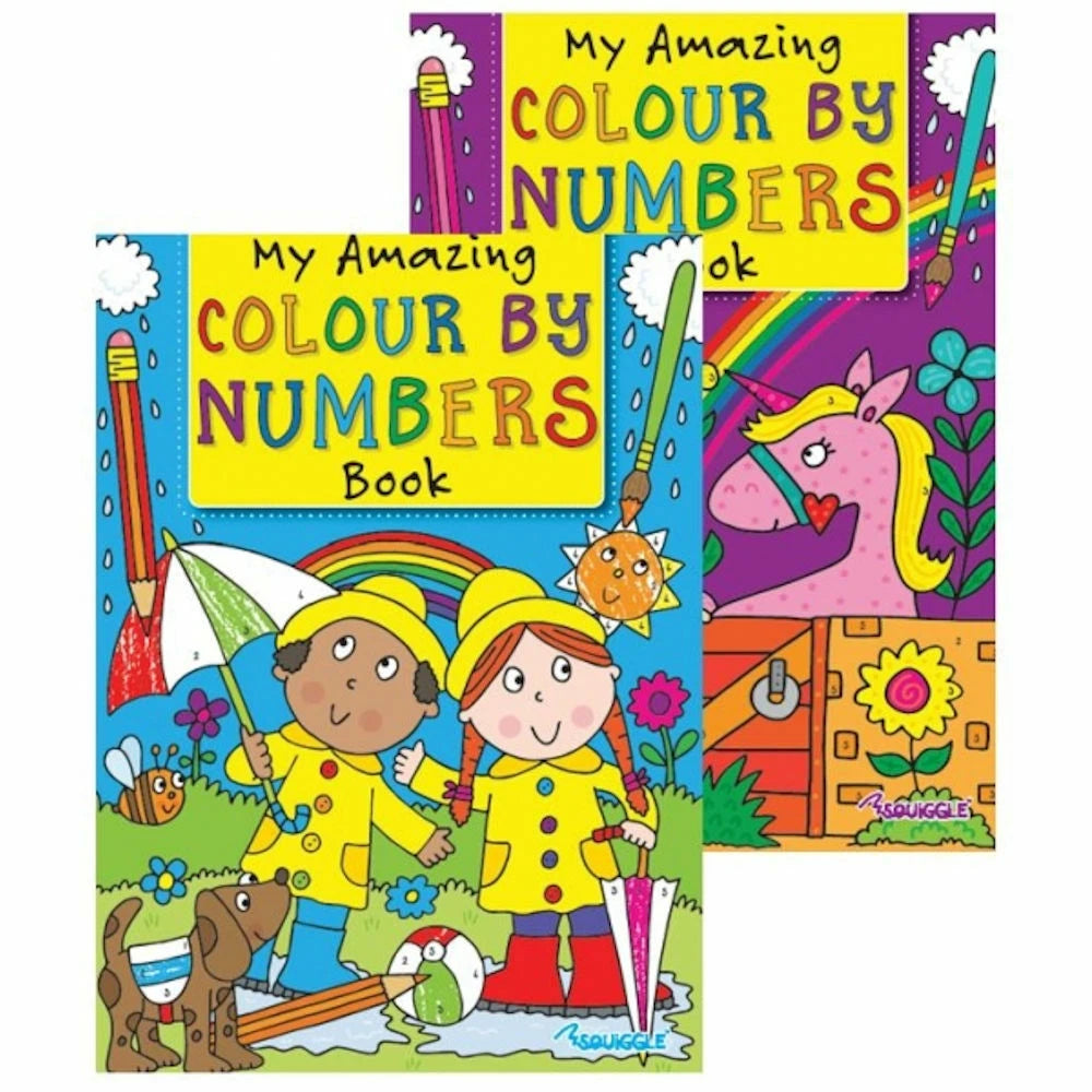 Colorful children's book titled 'My Amazing Colour by Numbers Book' with illustrations of children in raincoats and a rainbow.