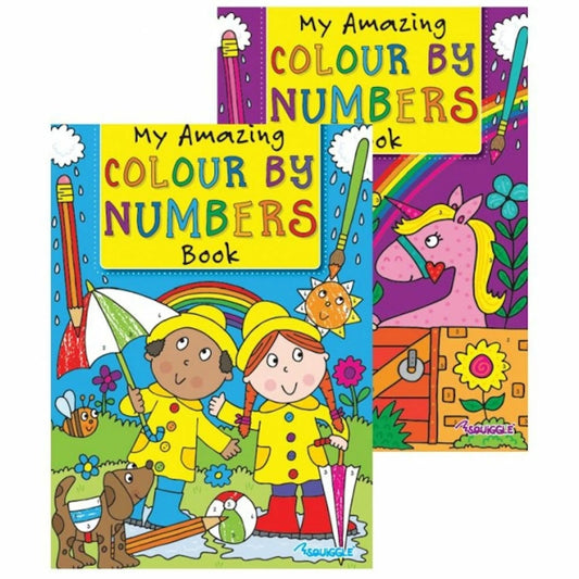 Colorful children's book titled 'My Amazing Colour by Numbers Book' with illustrations of children in raincoats and a rainbow.