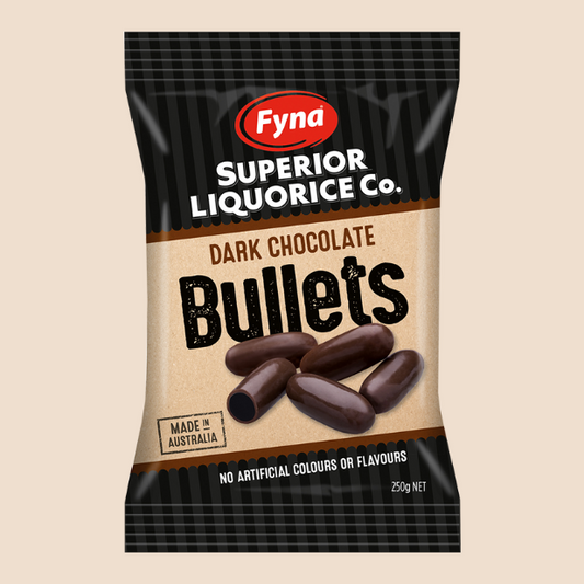Fyna Superior Liquorice Co. Dark Chocolate Black Bullets 250g