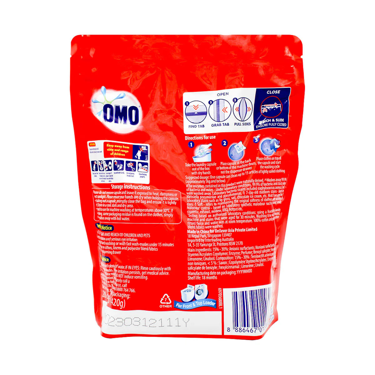 OMO PK28 3-IN-1 LAUNDRY CAPSULES FRESH EUCALYPTUS FRONT & TOP LOADER