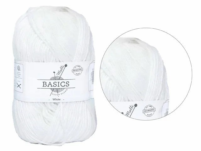 White yarn ball with 'Basics' label on a white background