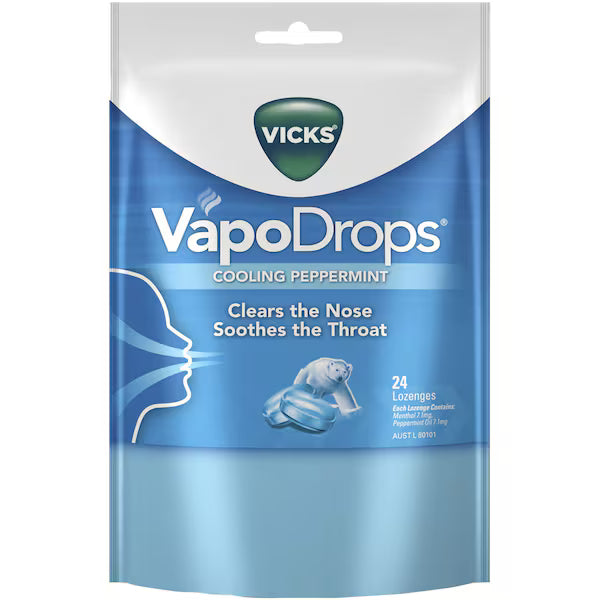 VICKS VAPODROPS PK24 CLEARS THE NOSE SOOTHES THE THROAT COOLING PEPPERMINT