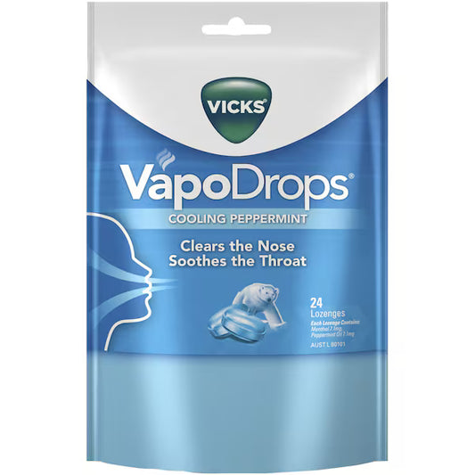 VICKS VAPODROPS PK24 CLEARS THE NOSE SOOTHES THE THROAT COOLING PEPPERMINT
