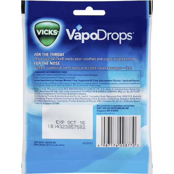 VICKS VAPODROPS PK24 CLEARS THE NOSE SOOTHES THE THROAT COOLING PEPPERMINT