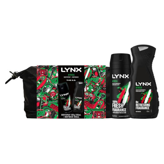 LYNX 400ml AFRICA BODY SPRAY 106g, BODYWASH 400mL WITH WASHBAG GIFT PACK