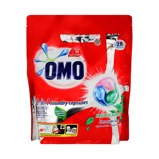 OMO PK28 3-IN-1 LAUNDRY CAPSULES FRESH EUCALYPTUS FRONT & TOP LOADER
